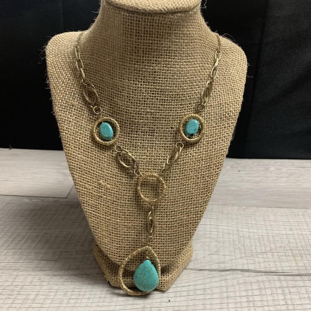 GCM Garold Miller Friends Collection Gold Tone‎ Teardrop Turquoise Necklace 18"
